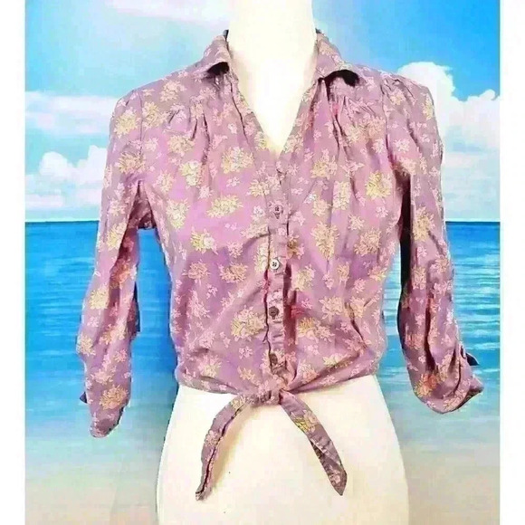 HERITAGE 1989 Womans CROP Top PURPLE Floral Blouse Shirt button sleeves size Med - Picture 1 of 4